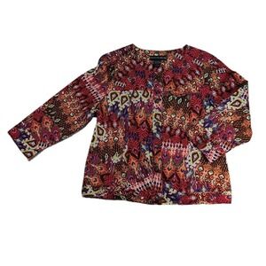Mirror Image Button Up Blouse Top Size LARGE Long Sleeve Multicolor Red Abstract